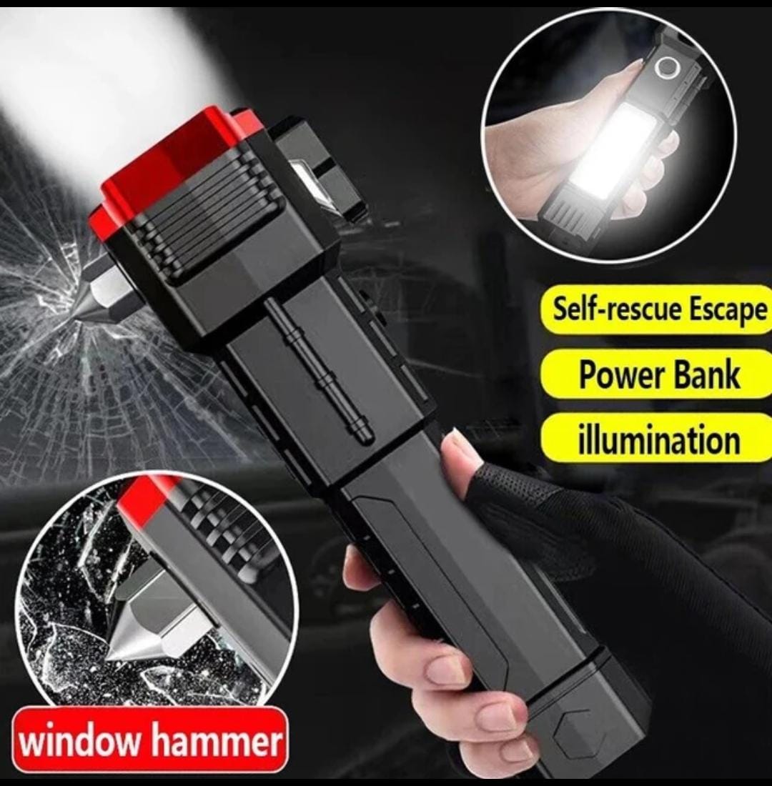 3-in-1 Emergency Car Safety Hammer with Flashlight & Power Bank